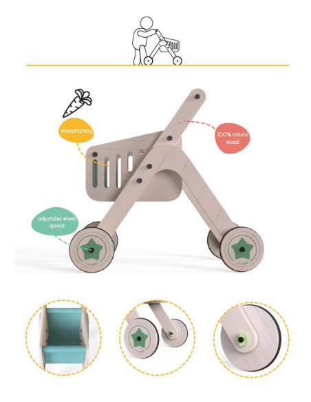 UP-Mtyz_shopper,Antepremergator din lemn 2 in 1 MamaToyz cu cos de cumparaturi