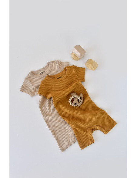 UP-BC-CSYM11404-0,Set de 2 salopetele cu maneca scurta din bumbac organic si modal - Mustar/ Somon BabyCosy (Marime: 0-3 Luni)