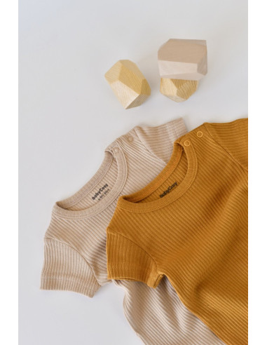 UP-BC-CSYM11404-0,Set de 2 salopetele cu maneca scurta din bumbac organic si modal - Mustar/ Somon BabyCosy (Marime: 0-3 Luni)