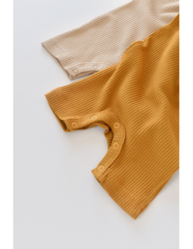 UP-BC-CSYM11404-0,Set de 2 salopetele cu maneca scurta din bumbac organic si modal - Mustar/ Somon BabyCosy (Marime: 0-3 Luni)