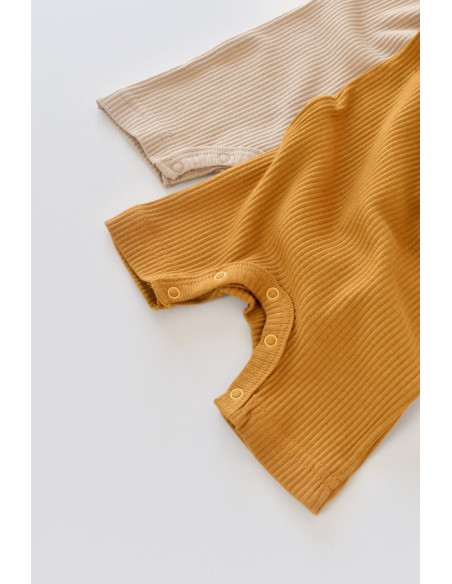 UP-BC-CSYM11404-0,Set de 2 salopetele cu maneca scurta din bumbac organic si modal - Mustar/ Somon BabyCosy (Marime: 0-3 Luni)