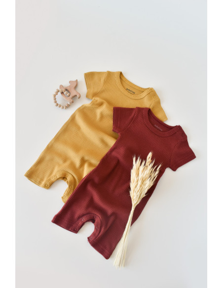 UP-BC-CSYM1105-12,Set de 2 salopetele cu maneca scurta din bumbac organic si modal - Caramiziu/ Sofran BabyCosy (Marime: 12-18 L