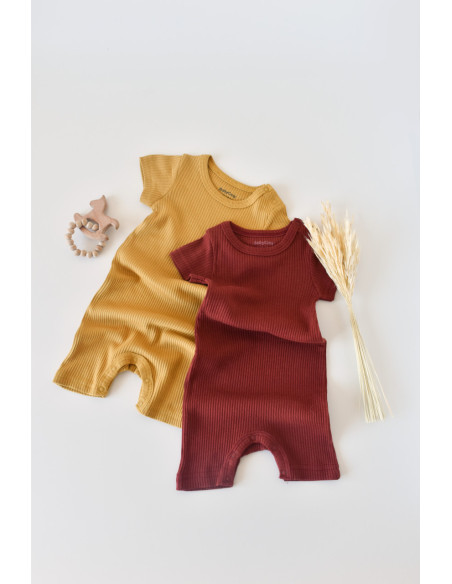 UP-BC-CSYM1105-12,Set de 2 salopetele cu maneca scurta din bumbac organic si modal - Caramiziu/ Sofran BabyCosy (Marime: 12-18 L