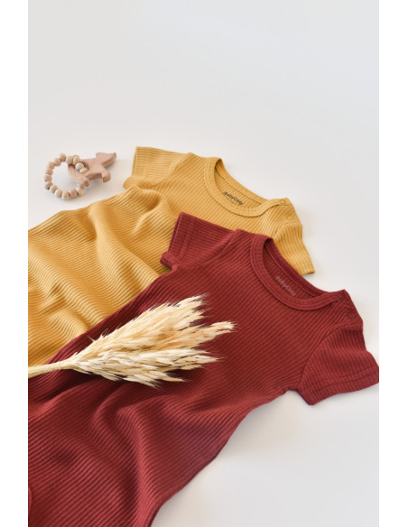 UP-BC-CSYM1105-12,Set de 2 salopetele cu maneca scurta din bumbac organic si modal - Caramiziu/ Sofran BabyCosy (Marime: 12-18 L