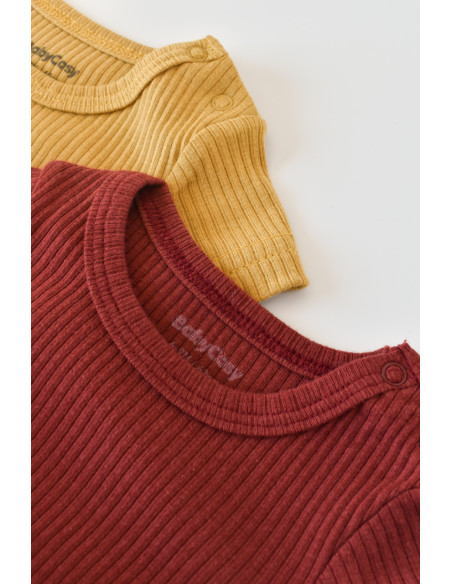 UP-BC-CSYM1105-12,Set de 2 salopetele cu maneca scurta din bumbac organic si modal - Caramiziu/ Sofran BabyCosy (Marime: 12-18 L