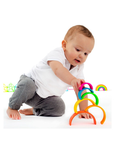 DEN01028,Rainbow, joc montessori de stivuire, 6 piese, neon