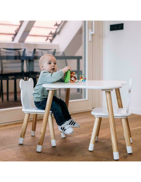 BN-44282,Set masuta si doua scaune pentru copii, Bear, Din lemn, Cu marginile rotunjite, FreeON, Alb