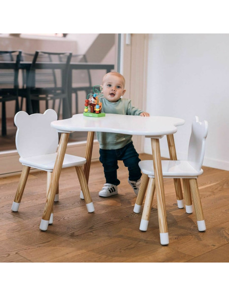 BN-44282,Set masuta si doua scaune pentru copii, Bear, Din lemn, Cu marginile rotunjite, FreeON, Alb