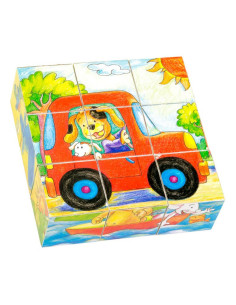 FKP0130,Cuburi din lemn, Masinute si Animale, 9 piese 2