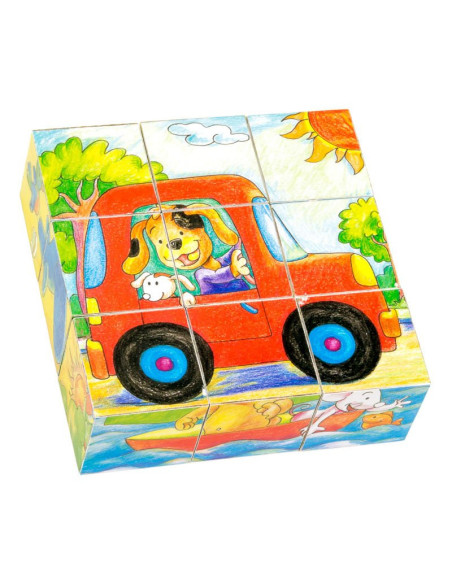 FKP0130,Cuburi din lemn, Masinute si Animale, 9 piese