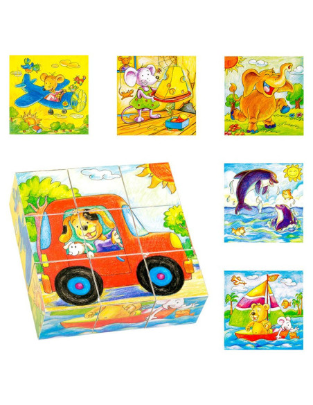 FKP0130,Cuburi din lemn, Masinute si Animale, 9 piese