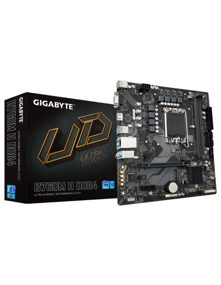 B760M H DDR4,GIGABYTE Mainboard Desktop B760M H DDR4 (LGA1700, 2xDDR4, 1xDSub, 1xHDMI, GLAN, 1x PCI Express x16 PCIe 4.0, 1x PCI