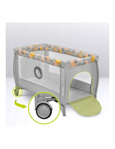 BN-LO-STEFI_PLUS_PINK_YELLOW,Lionelo - Patut pliant cu doua nivele, Stefi Plus, Cu intrare laterala cu fermoar, 2 roti, 120 x 60