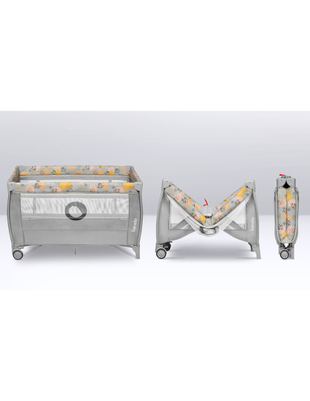 BN-LO-STEFI_PLUS_PINK_YELLOW,Lionelo - Patut pliant cu doua nivele, Stefi Plus, Cu intrare laterala cu fermoar, 2 roti, 120 x 60