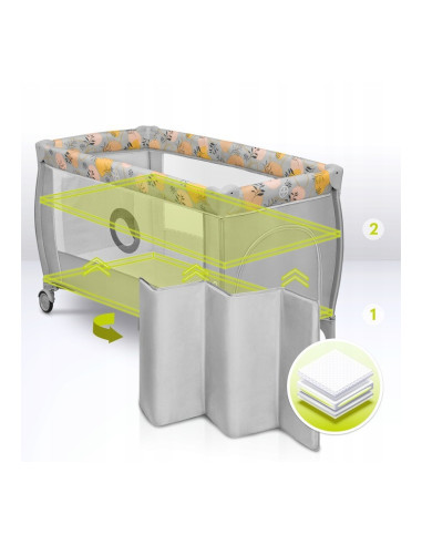 BN-LO-STEFI_PLUS_PINK_YELLOW,Lionelo - Patut pliant cu doua nivele, Stefi Plus, Cu intrare laterala cu fermoar, 2 roti, 120 x 60