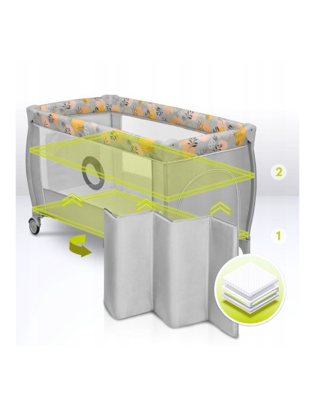 BN-LO-STEFI_PLUS_PINK_YELLOW,Lionelo - Patut pliant cu doua nivele, Stefi Plus, Cu intrare laterala cu fermoar, 2 roti, 120 x 60