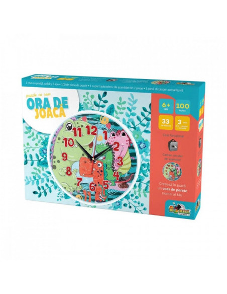 Puzzle cu ceas Noriel, Ora de joaca - Dinozauri, 100
