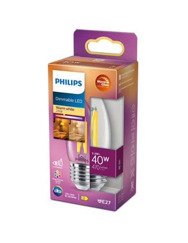 000008719514324237,BEC LED Philips, soclu E27, putere 3.4W, forma lumanare, lumina alb calda, alimentare 220 - 240 V, "000008719