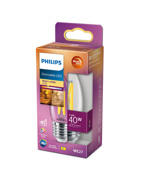000008719514324237,BEC LED Philips, soclu E27, putere 3.4W, forma lumanare, lumina alb calda, alimentare 220 - 240 V, "000008719