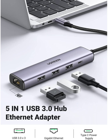 60554,ADAPTOR RETEA Ugreen, "cm475" extern, USB 3.0 (T) la port Gigabit RJ-45, porturi USB: USB 3.0 x 3, USB Type-C x 1, arginti