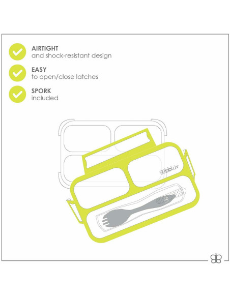 BN-BBL-B0123-L,Cutie pentru pranz, Bento, Cu furculita, Cu trei compartimente, BPA Free, Bbluv, Lime