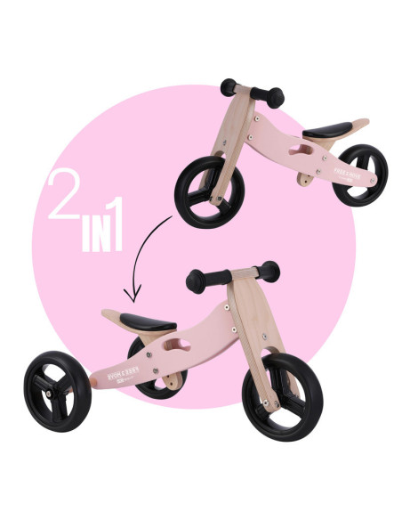 BN-48822,Bicicleta/tricicleta fara pedale din lemn, 2 in 1, Functie de bicicleta echilibru, Scaun reglabil, Roti ajustabile, Man