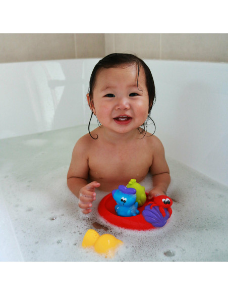 BN-188414,Set 3 animalute de baie si barca plutitoare, Fara gauri, Cu gentuta pentru transport, Fara BPA, Splash and Float Frien