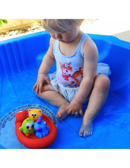 BN-188414,Set 3 animalute de baie si barca plutitoare, Fara gauri, Cu gentuta pentru transport, Fara BPA, Splash and Float Frien