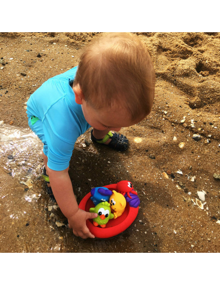 BN-188414,Set 3 animalute de baie si barca plutitoare, Fara gauri, Cu gentuta pentru transport, Fara BPA, Splash and Float Frien