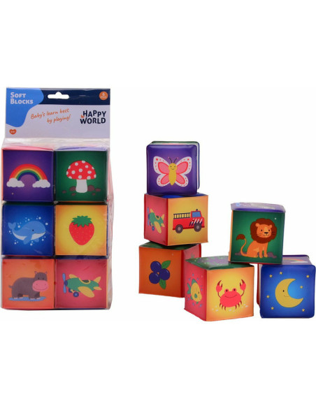 BN-22007,Happy World - Cuburi moi, 7,5 x 7,5 cm, 0 luni - 5 ani, 6 piese, Conform cu standardul de siguranta EN71, Multicolor