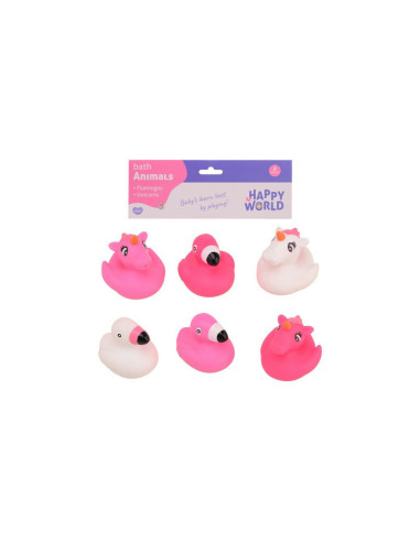 BN-22279,Happy World - Set de baie cu flamingo si unicorni, 6 buc, Din cauciuc, Roz
