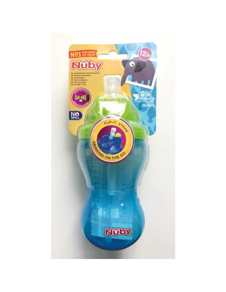 BN-NV0404001AQ,Nuby - Cana cu pai anti-alunecare, Cu inchidere etansa, Plastic, 360 ml, 12+ luni, Albastru