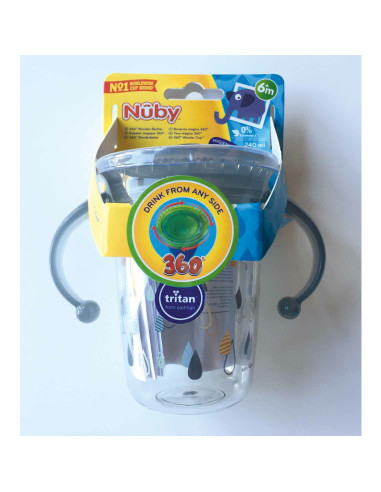 BN-NV0414019GREY,Nuby - Cana cu manere, 360°, Din materialul ecologic tritan, Rezistenta, 240 ml, 6 luni+, Gri