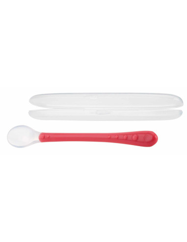 BN-ID5556PINK,Nuby - Lingura din silicon pentru bebelusi, Carcasa pentru depozitare, Lungime maner 13 cm, 6+ luni, Rosu