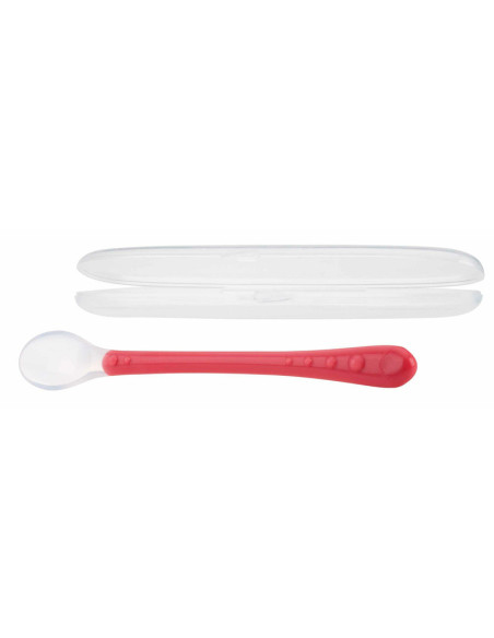 BN-ID5556PINK,Nuby - Lingura din silicon pentru bebelusi, Carcasa pentru depozitare, Lungime maner 13 cm, 6+ luni, Rosu