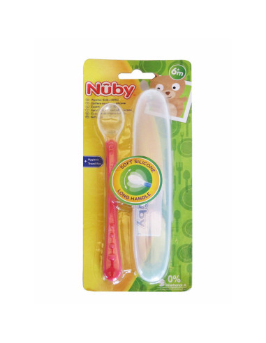 BN-ID5556PINK,Nuby - Lingura din silicon pentru bebelusi, Carcasa pentru depozitare, Lungime maner 13 cm, 6+ luni, Rosu
