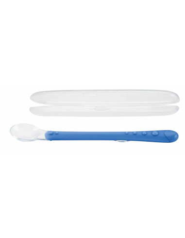 BN-ID5556BLUE,Nuby - Lingura din silicon pentru bebelusi, Carcasa pentru depozitare, Lungime maner 13 cm, 6+ luni, Albastru