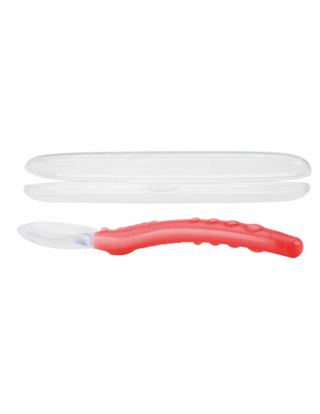 BN-ID5555RED,Nuby - Lingura din silicon pentru bebelusi, Cu maner arcuit, Cu carcasa de depozitare, 3+ luni, Rosu