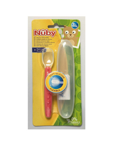 BN-ID5555RED,Nuby - Lingura din silicon pentru bebelusi, Cu maner arcuit, Cu carcasa de depozitare, 3+ luni, Rosu