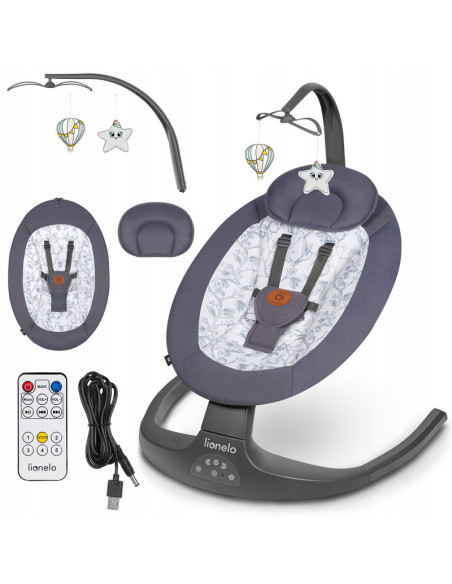 BN-LO-RALF_GREY_GRAPHITE,Lionelo - Balansoar si sezlong copii, Ralf, 2 in 1, Electric, Cu telecomanda si cablu USB, Cu miscare l