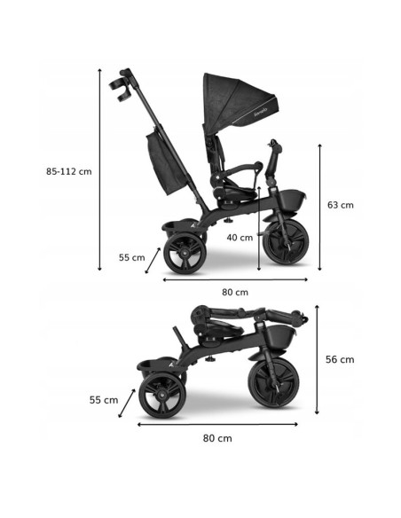 BN-LO-KORI_GREY_STONE,Lionelo - Tricicleta Kori, Cu suport de picioare, Control al directiei, Scaun reversibil, Rotire 360 grade