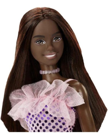 MTT7580_HJR94,Papusa Barbie Tinute Stralucitoare Bruneta Cu Rochita Mov