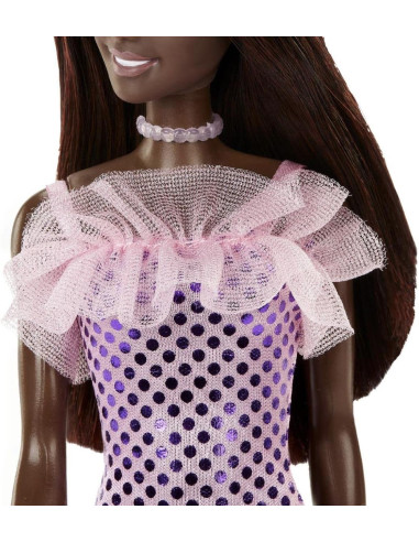 MTT7580_HJR94,Papusa Barbie Tinute Stralucitoare Bruneta Cu Rochita Mov