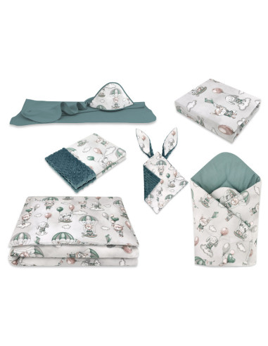 BN-6426972020138,MimiNu - Set pentru bebelusi, 6+1 piese, Cu paturica de infasat, Prosop, Paturica, Cearceaf 120x60 cm, Fata de 
