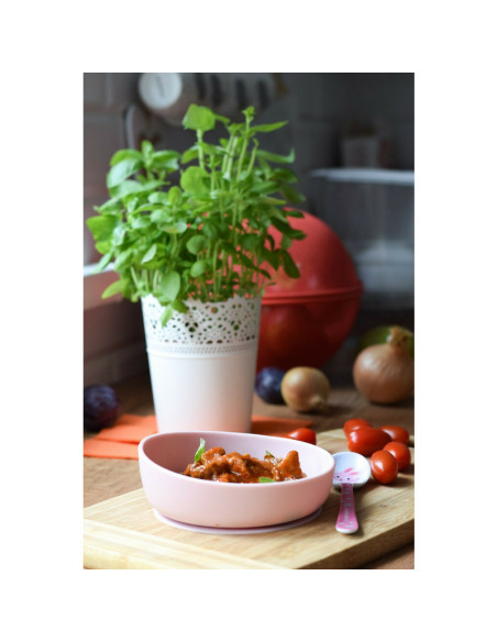 BN-CUP-30,Doidy - Bol inclinat cu ventuza, Din silicon, Fara BPA. Antialunecare, 3 luni+, Rosu