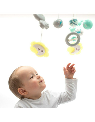 BN-42785,Carusel muzical pentru patut bebelusi, Cu proiectii, Cu melodii si sunete ale naturii, Cu 10 jucarii si ceas de jucarie