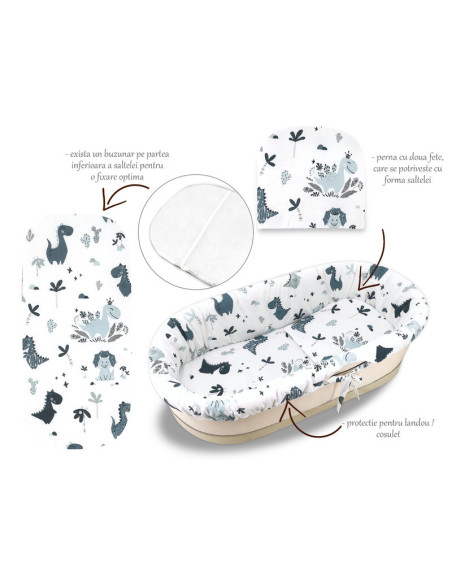BN-6426972023184,MimiNu - Set pentru landou/cosulet, Cu protectie, saltea si pernuta, Din bumbac certificat Oeko Tex Standard 10