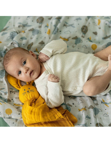 BN-416819,Petite&Mars - Jucarie interactiva, Iepurasul Hugo, Din muselina de bambus, Cu sunet, Conform standardului de securitat