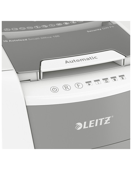 80110000,Distrugator automat documente Leitz IQ Small Office, 100 coli, P4, cross-cut (tip confeti), cos 34 litri, alb-gri, Leit