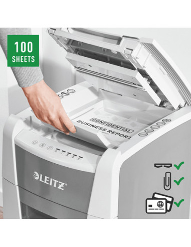 80110000,Distrugator automat documente Leitz IQ Small Office, 100 coli, P4, cross-cut (tip confeti), cos 34 litri, alb-gri, Leit